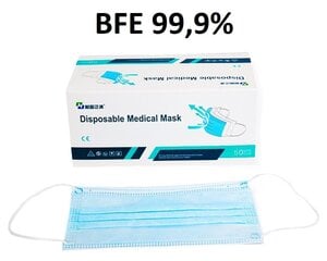 Medicīniskās vienreizlietojamās sejas maskas BFE 99.9%, 50 gab. cena un informācija | Pirmā palīdzība | 220.lv