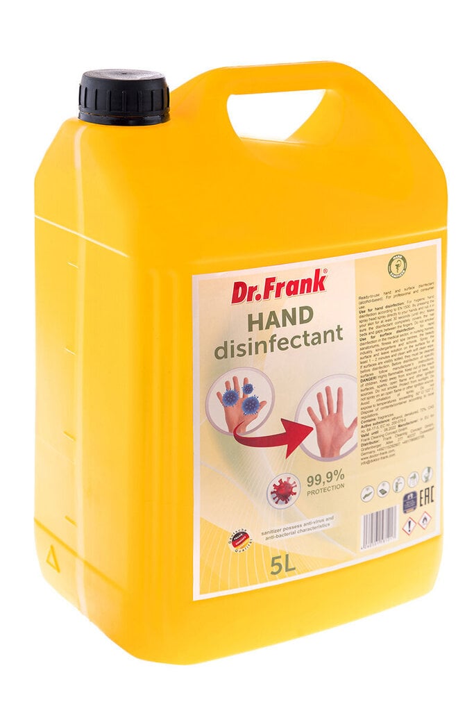 Roku un virsmu dezinfektors Dr. Frank hand disinfectant 5L cena un informācija | Pirmā palīdzība | 220.lv