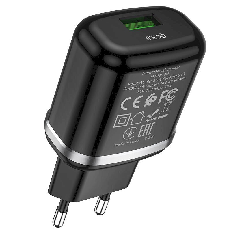 Hoco N3 tīkla lādētājs USB / 18W / 3A / Quick Charge 3.0 / melns cena un informācija | Lādētāji un adapteri | 220.lv