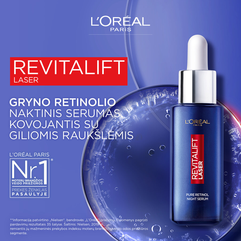 Tīrs retinola nakts serums L'Oreal Paris Revitalift Laser, 30 ml cena un informācija | Serumi sejai, eļļas | 220.lv