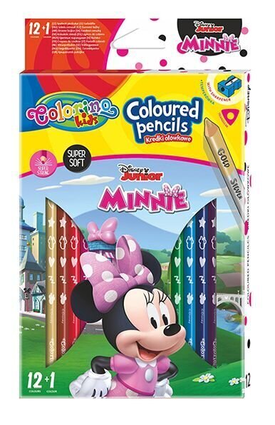 Krāsainie zīmuļi ar asinātāju Colorino Junior Minnie, trijstūri, 12 gab. /13 krāsu cena un informācija | Modelēšanas un zīmēšanas piederumi | 220.lv