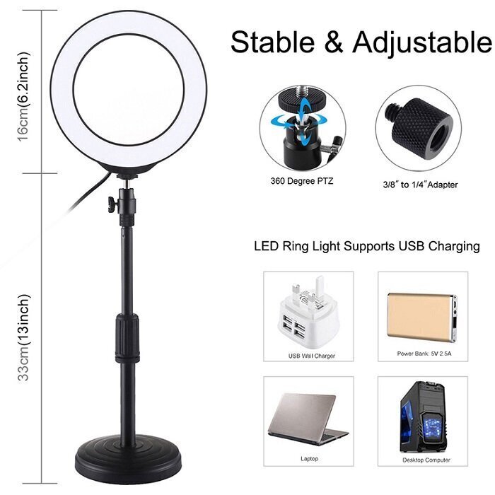 Gredzena formas lampa LED 16 cm, ar statīvu 18-28 cm, USB cena un informācija | Apgaismojums fotografēšanai | 220.lv