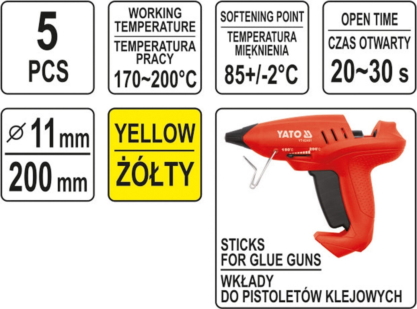 Karstās līmes stienīši dzelteni 11x200mm, 5 gab. Yato (YT-82437) цена и информация | Rokas instrumenti | 220.lv