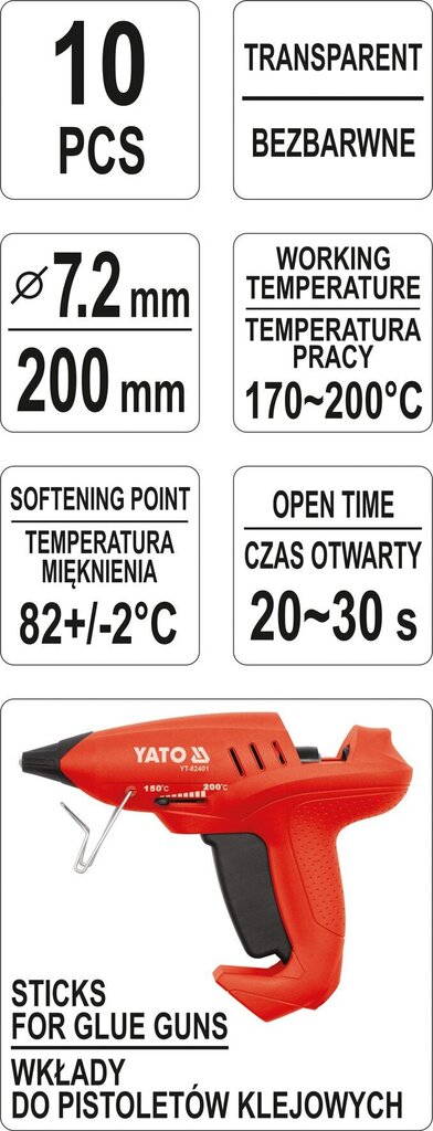 Karstās līmes stienīši 7.2x200mm bezkrāsaini 10 gab. Yato (YT-82440) цена и информация | Rokas instrumenti | 220.lv