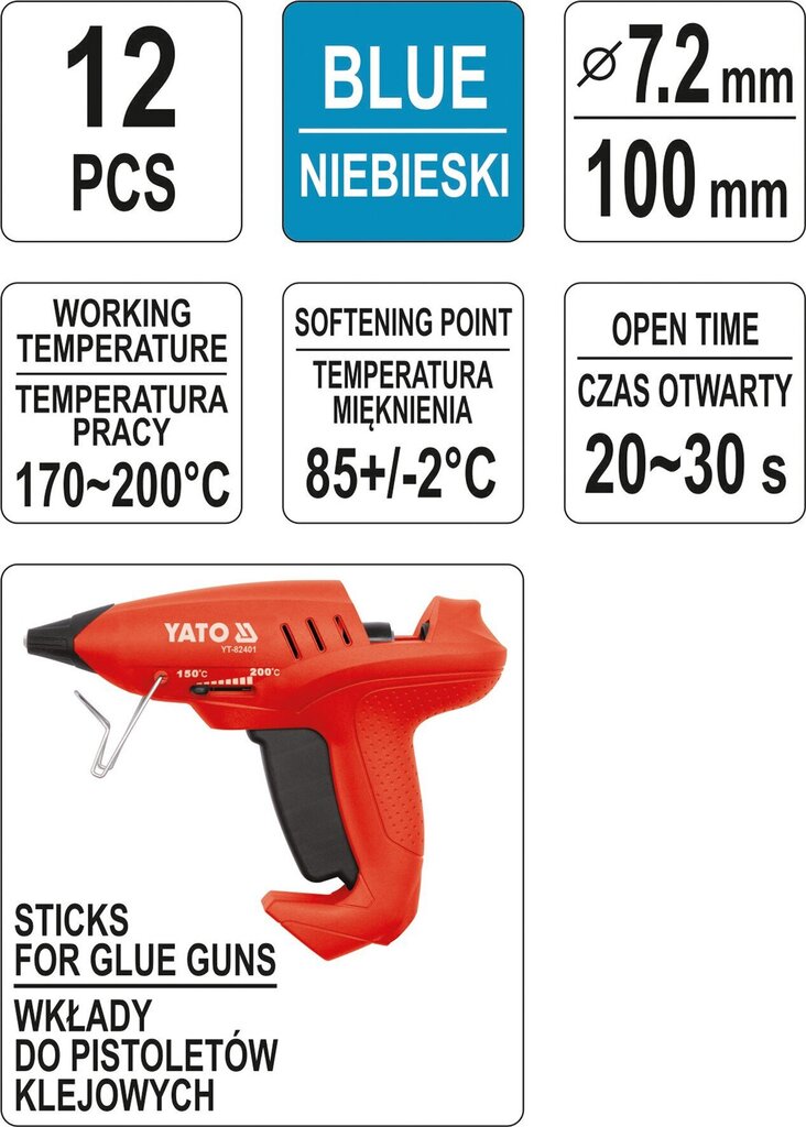 Karstās līmes stienīši zili 7.2x100mm 12 gab. Yato (YT-82443) cena un informācija | Rokas instrumenti | 220.lv