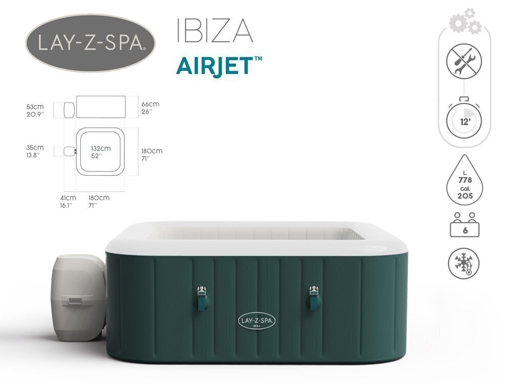 Masāžas baseins Bestway Lay-Z-Spa Ibiza AirJet, 180x180x66cm cena un informācija | Baseini | 220.lv