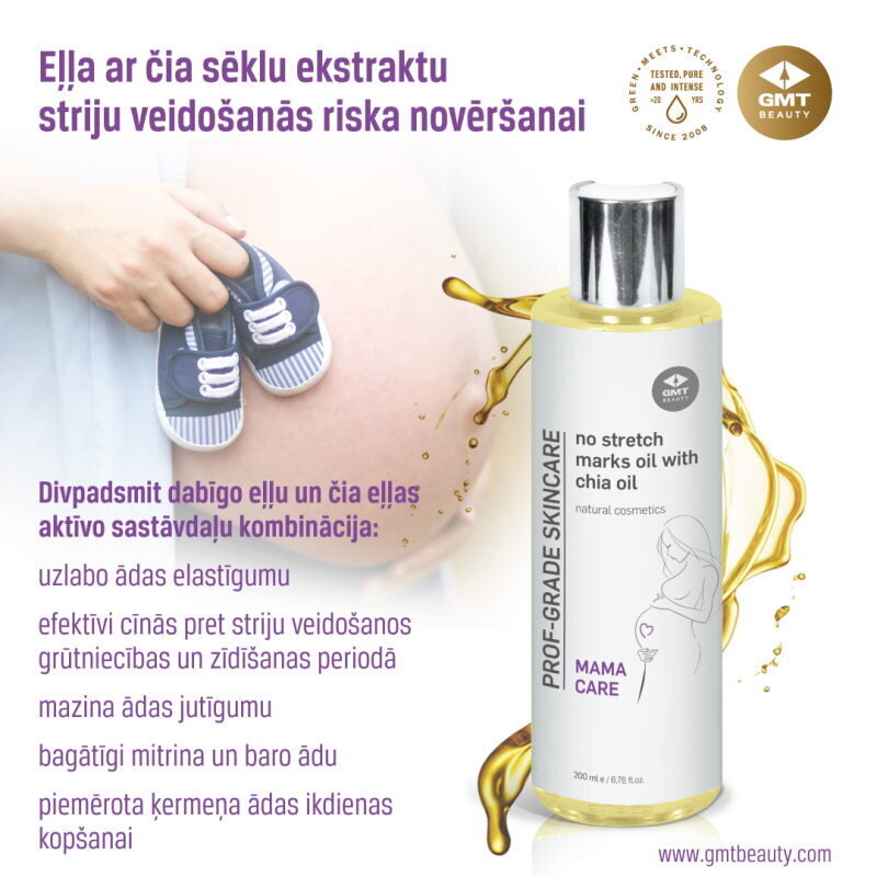 Eļļa ar čia sēklu ekstraktu striju veidošanās riska novēršanai (No stretch marks oil with chia oil) GMT BEAUTY 200 ml cena un informācija | Bērnu kosmētika, līdzekļi jaunajām māmiņām | 220.lv