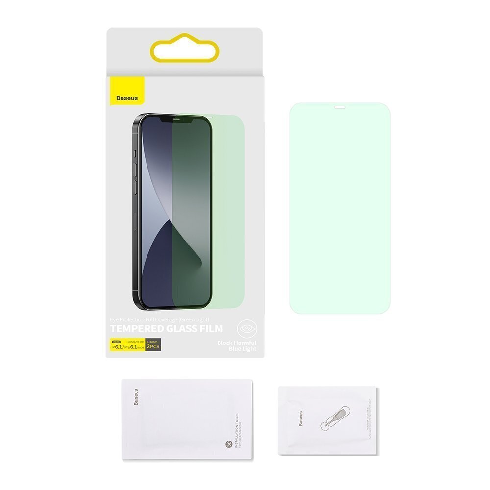 Aizsargājošs stikls Baseus 2x 0,3 mm Eye Protection Full Coverage Green Tempered Glass Film with Anti Blue Light Filter, piemērots iPhone 12 Pro / iPhone 12 SGAPIPH61P-LP02 cena un informācija | Ekrāna aizsargstikli | 220.lv