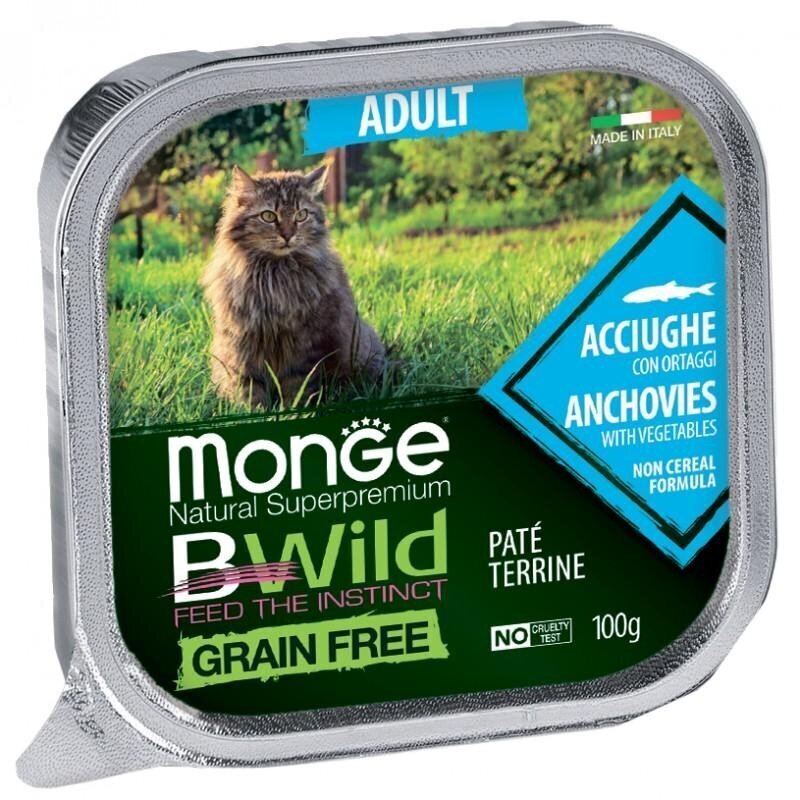 Monge BWild Cat Grain Free Adult cepta pastēte ar Anšoviem un Dārzeņiem kaķiem 100g цена и информация | Konservi kaķiem | 220.lv