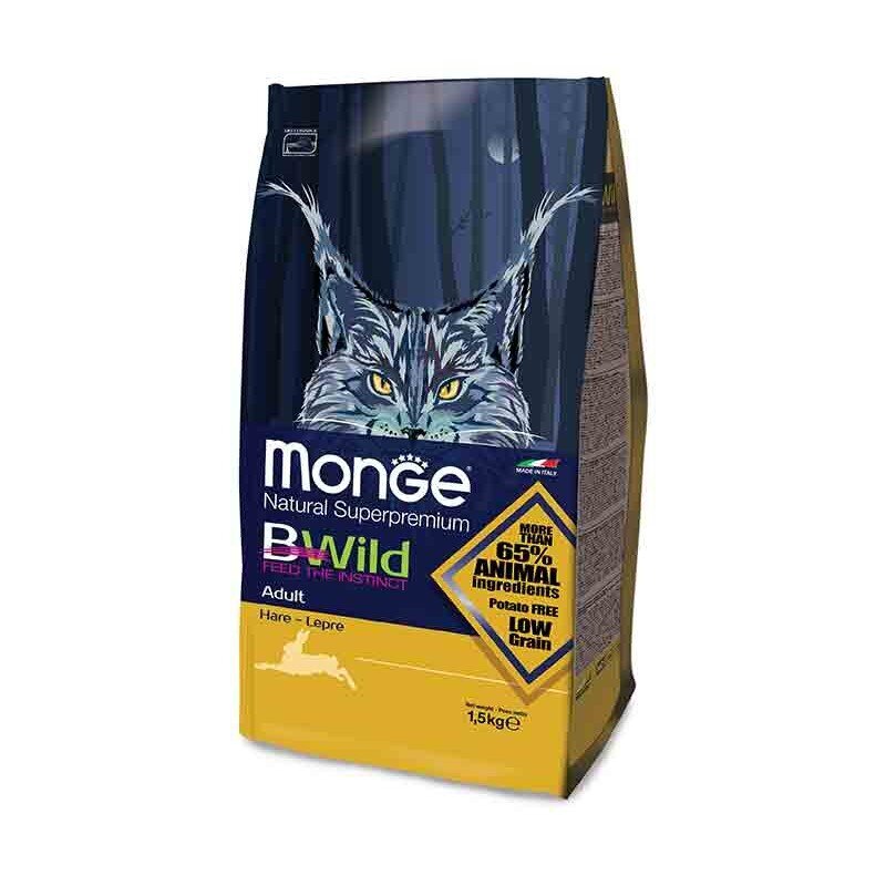 Monge BWild Cat Adult pilnvērtīga barība kaķiem ar Savvaļas zaķu gaļu 1,5kg цена и информация | Sausā barība kaķiem | 220.lv