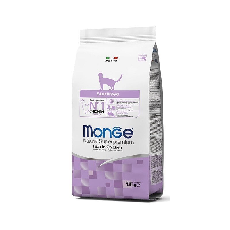 Monge Natural Superpremium pilnvērtīga barība pieaugušiem sterilizētiem kaķiem, ar Vistu 1,5kg cena un informācija | Sausā barība kaķiem | 220.lv