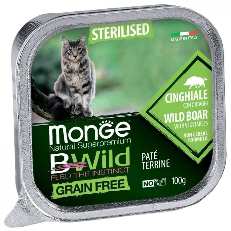 Monge BWild Cat Grain Free Adult sterilizētiem kaķiem, cepta pastēte ar Mežacūku un Dārzeņiem 100g цена и информация | Konservi kaķiem | 220.lv