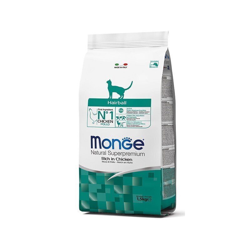 Monge Natural Superpremium Cat Adult Hairball pilnvērtīga barība ar vistu pieaugušiem kaķiem 0,4kg cena un informācija | Sausā barība kaķiem | 220.lv