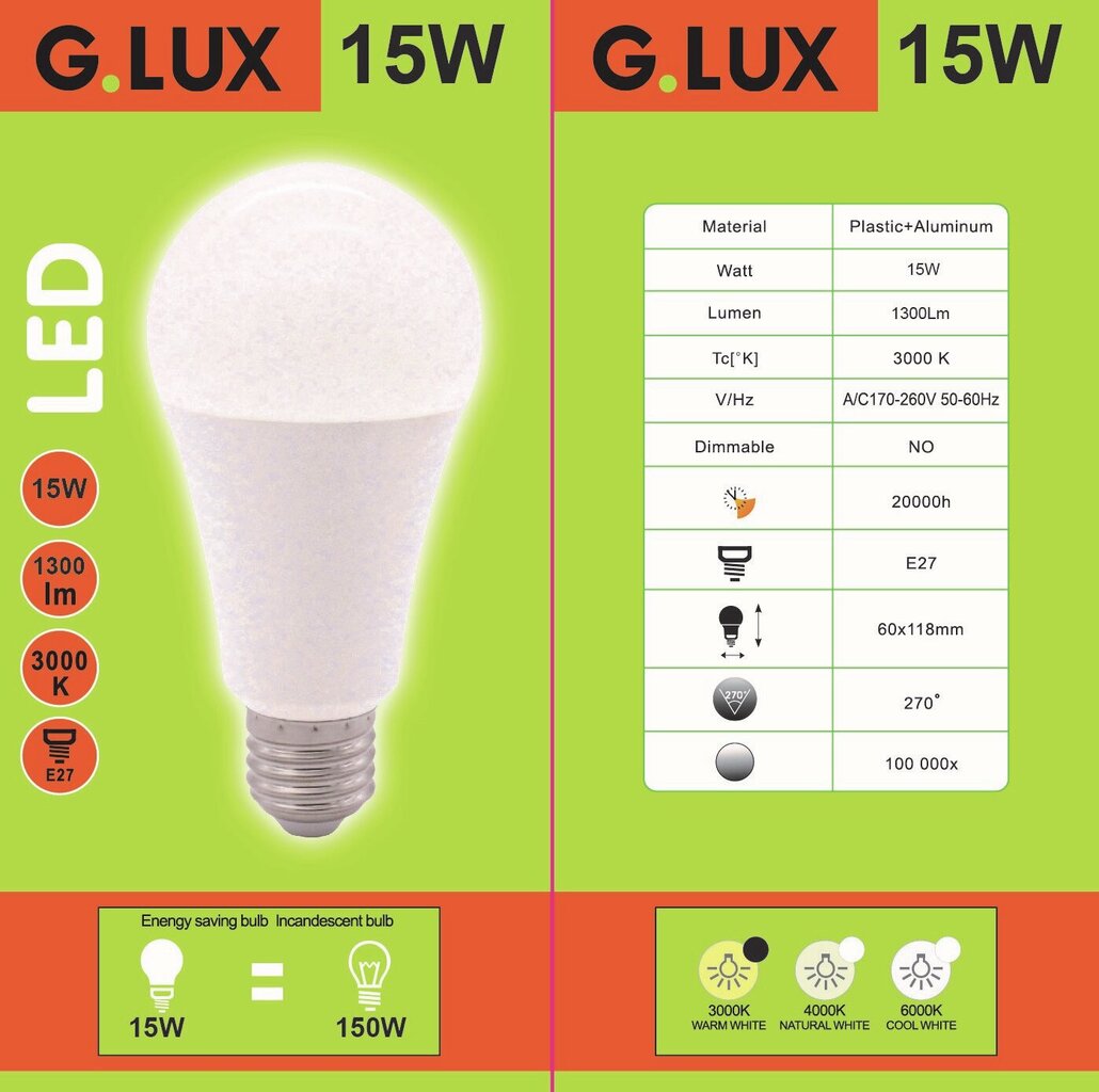 LED spuldzes 15W 10 gab. G.LUX GR-LED-A60-15W 3000K cena un informācija | Spuldzes | 220.lv