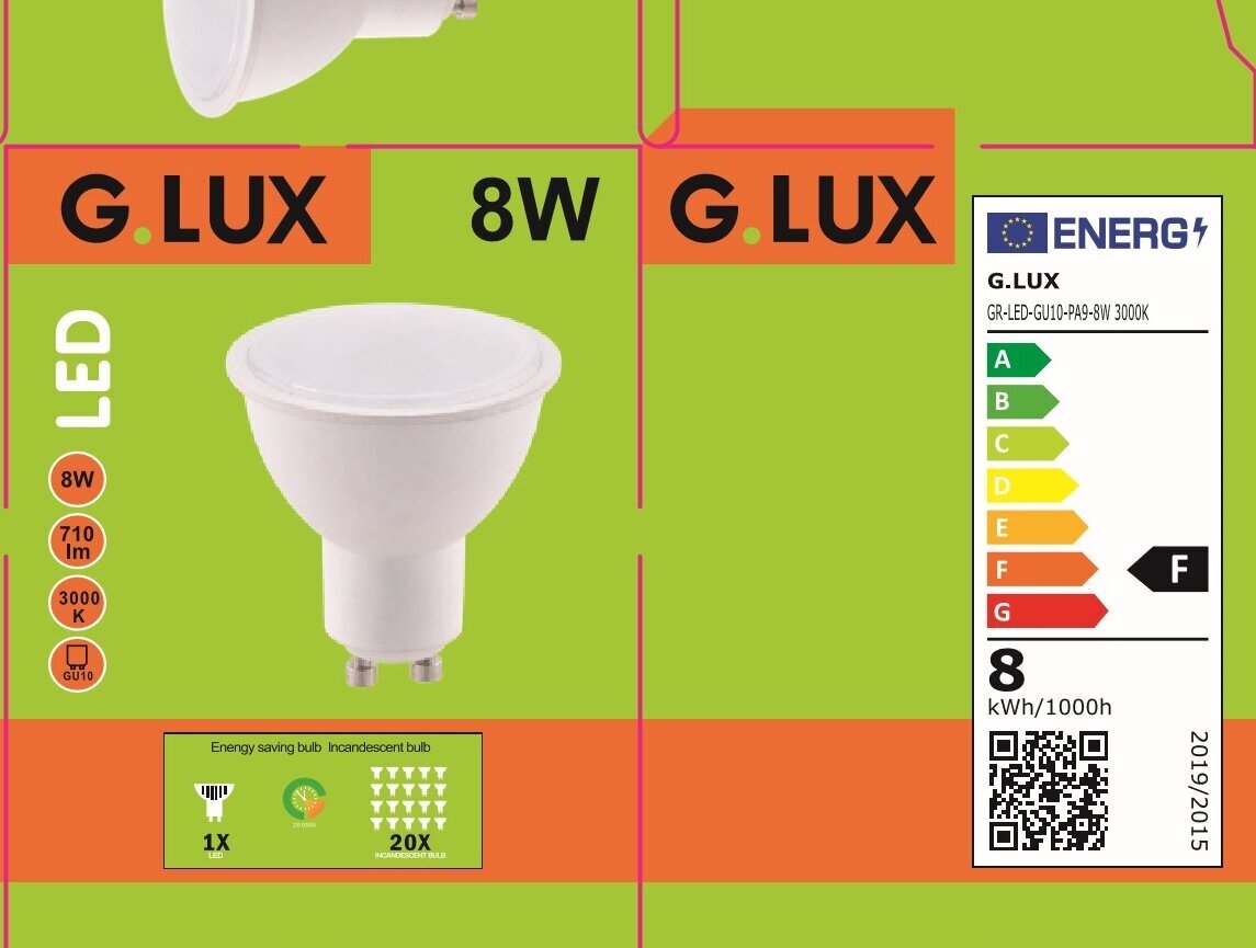 LED spuldzes G.LUX GR-LED-GU10-PA9-8W 3000K - 10 gab. Iepakojums cena un informācija | Spuldzes | 220.lv