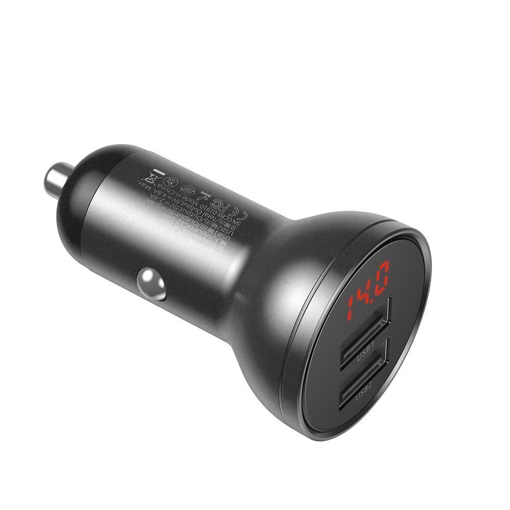 Baseus Digital Display Dual USB 4.8A Car Charger 24W Grey cena un informācija | Lādētāji un adapteri | 220.lv