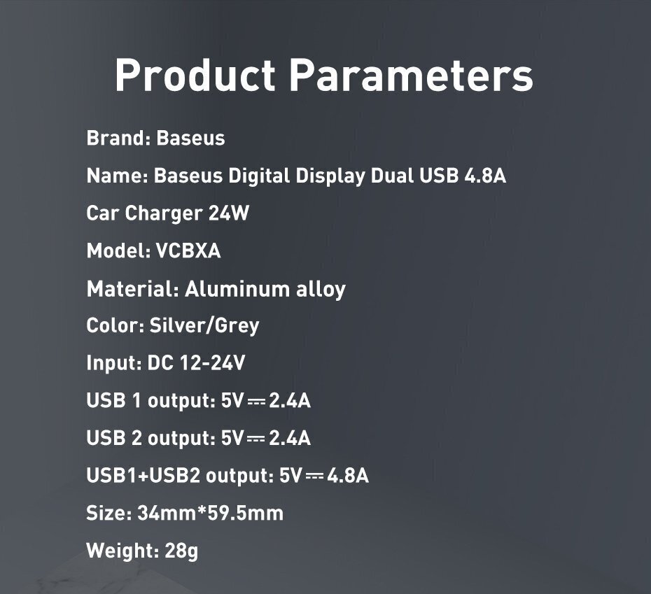 Baseus Digital Display Dual USB 4.8A Car Charger 24W Grey cena un informācija | Lādētāji un adapteri | 220.lv