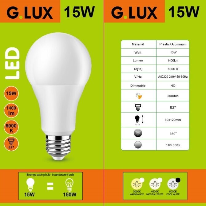 LED spuldzes G.LUX GR-LED-A60-15W 6000K, 10 gab.. Iepakojums cena un informācija | Spuldzes | 220.lv