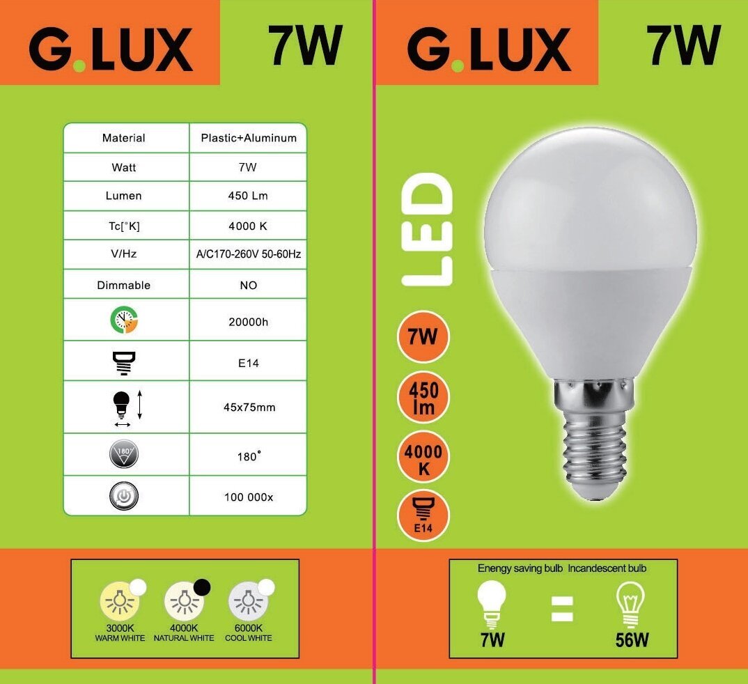 LED spuldzes G.LUX GR-LED-G45-E14-7W 4000K, 10 gab. Iepakojums cena un informācija | Spuldzes | 220.lv