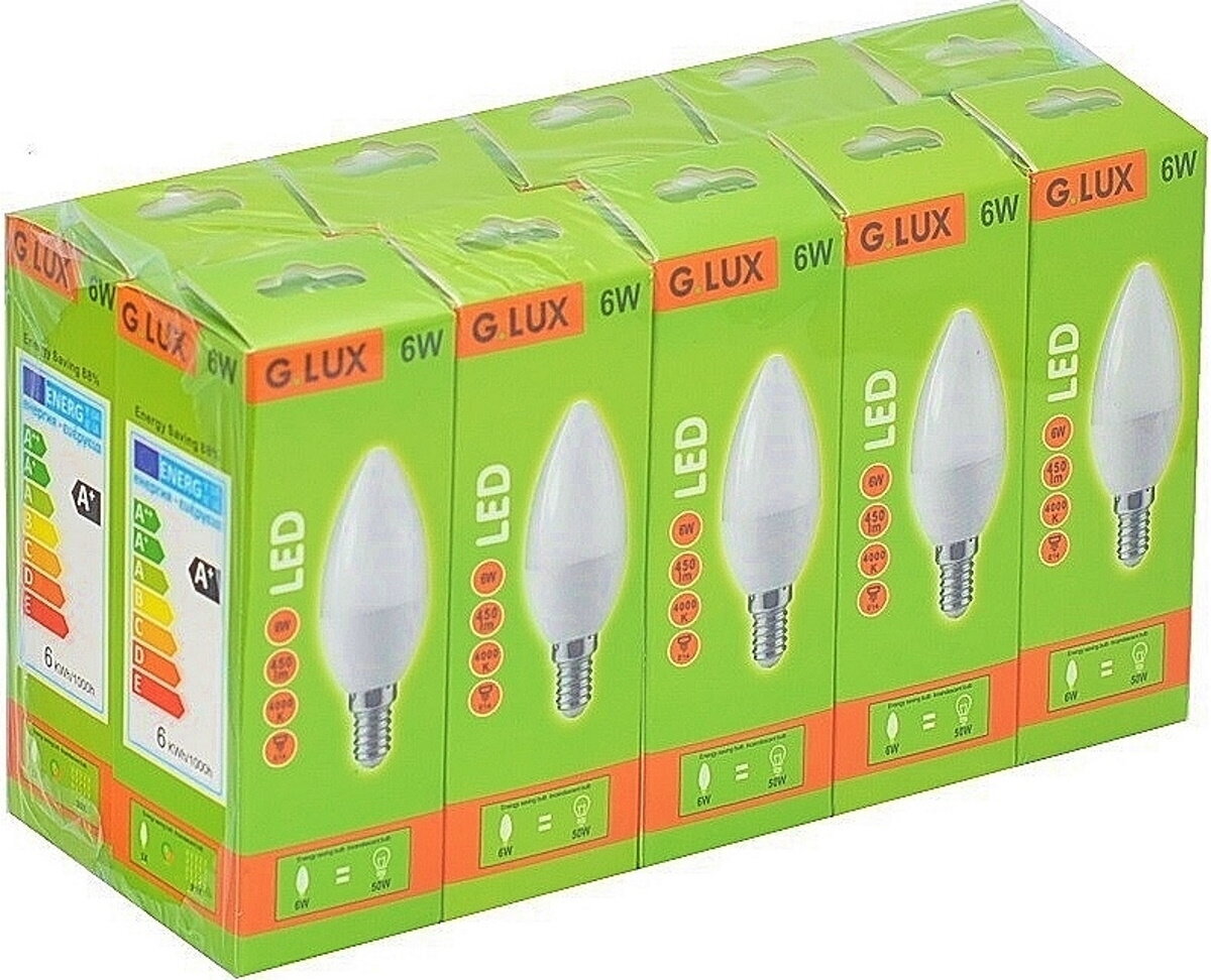 LED spuldzes G.LUX GR-LED-C37-6W 4000K, 10 gab.. Iepakojums цена и информация | Spuldzes | 220.lv