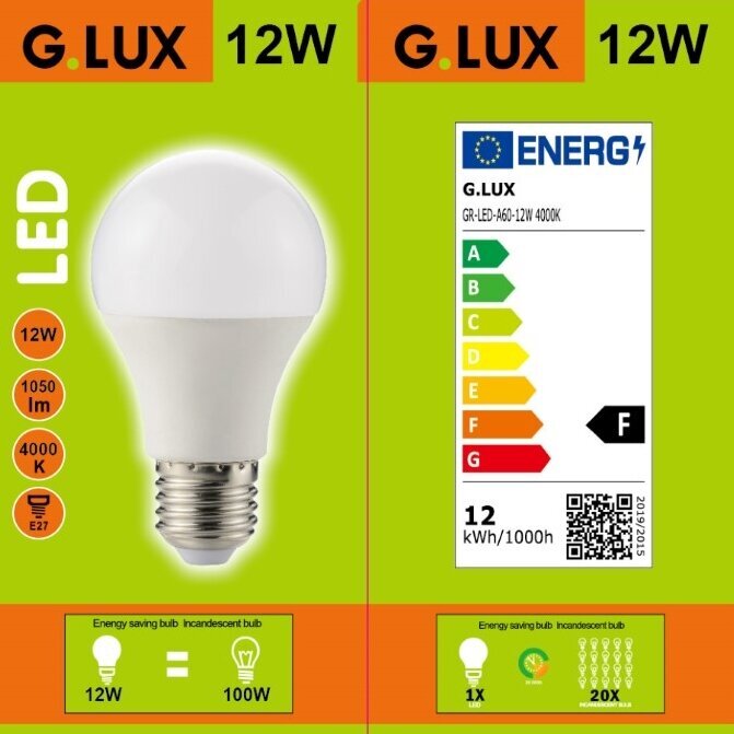 LED spuldzes G.LUX GR-LED-A60-12W 4000K, 10 gab.. Iepakojums cena un informācija | Spuldzes | 220.lv