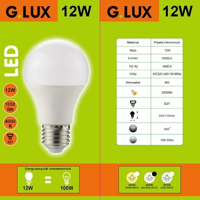 LED spuldzes G.LUX GR-LED-A60-12W 4000K, 10 gab.. Iepakojums cena un informācija | Spuldzes | 220.lv
