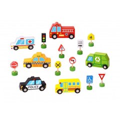 Tooky Toy koka transportlīdzekļu un ceļa zīmju komplekts cena un informācija | Attīstošās rotaļlietas | 220.lv
