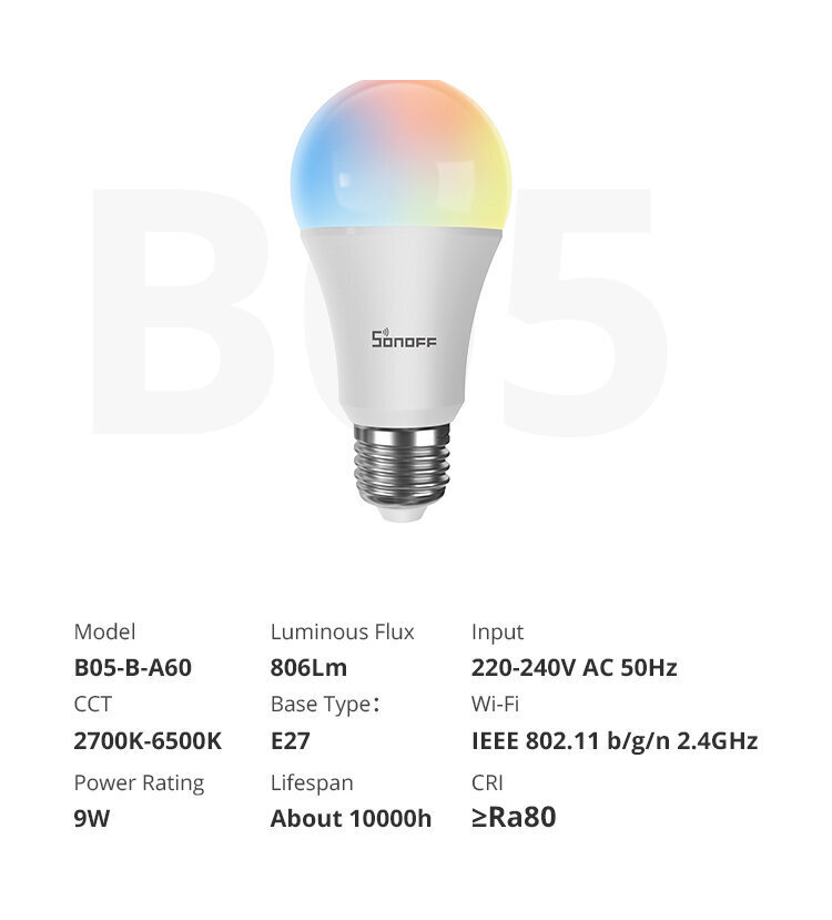 SONOFF B05-B-A60 vieda Wi-Fi LED spuldze cena un informācija | Spuldzes | 220.lv