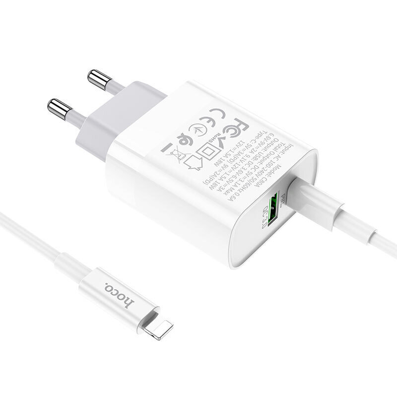 Lādētājs Hoco C80A USB Quick Charge 3.0 + PD20W (3.1A) + Type-C-Lightning balts cena un informācija | Lādētāji un adapteri | 220.lv