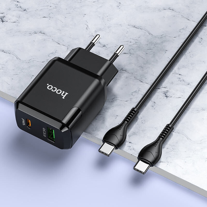 Lādētājs Hoco N5 USB USB Quick Charge 3.0 + PD 20W (3.1A) + Type-C-Type-C melns cena un informācija | Lādētāji un adapteri | 220.lv