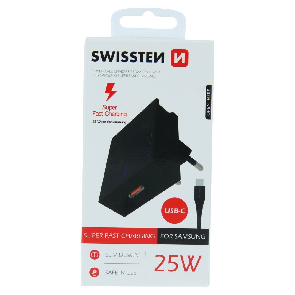 Swissten Premium 25W Samsung Super Fast Charging lādētājs ar 1.2 m USB-C uz USB-C kabeli Melns cena un informācija | Lādētāji un adapteri | 220.lv