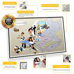 Фотоколлаж из 60 фотографий - туристическая карта Европы 70х50 см, оригинальный подарок для путешественников, сделайте карту у себя дома цена и информация | Карты мира | 220.lv