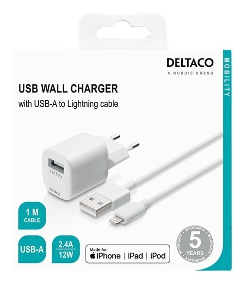 Deltaco USB-AC181, USB-A, 2.4 A ar 1 m USB-A Lightning vadu cena un informācija | Lādētāji un adapteri | 220.lv