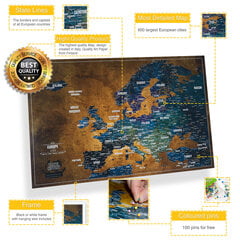 Eiropas karte ar tapām Bonusa 100 tapas, Piedzīvojumu karte ar rāmi, [Korķa karte] Personalizētas karte ar oriģinālām krāsām, Izgatavotas ES, 53x3x43 cm, Karte ir gatava lietošanai цена и информация | Карты мира | 220.lv