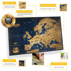 Карта Европы с булавками в белой рамке, 53x3x43 cm - 600 крупнейших городов цена и информация | Карты мира | 220.lv