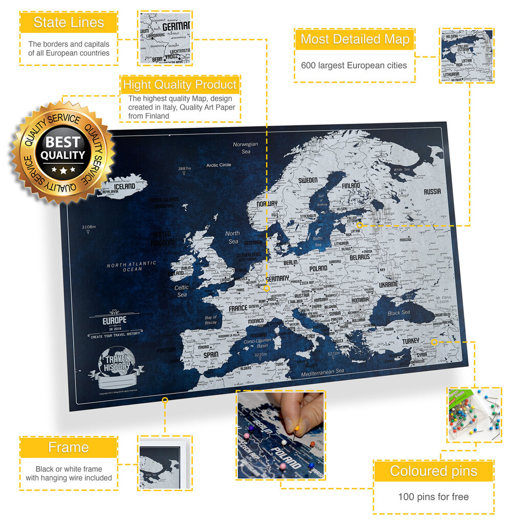 Eiropas karte ar tapām Bonusa 100 tapas, Piedzīvojumu karte ar rāmi, [Korķa karte] цена и информация | Pasaules kartes | 220.lv