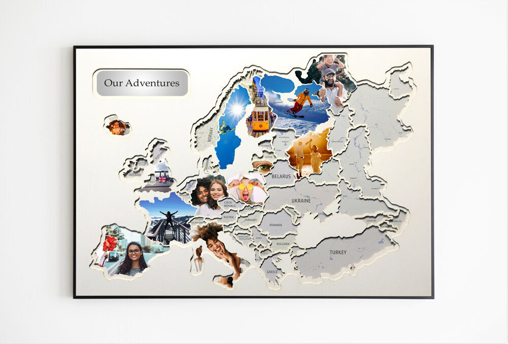 Foto kolāža - 60 fotogrāfijas - Eiropas karte 70x50cm - Oriģināla dāvana ceļotājiem cena un informācija | Pasaules kartes | 220.lv