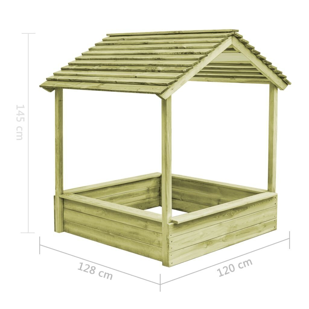 VidaXL āra rotaļu māja ar smilšu kasti, priežkoks, 128x120x145 cm cena un informācija | Smilšu kastes, smiltis | 220.lv