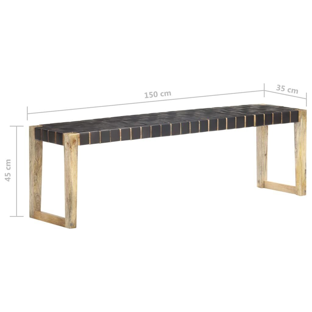 vidaXL sols, 150 cm, melna dabīgā āda, mango masīvkoks cena un informācija | Virtuves un ēdamistabas krēsli | 220.lv