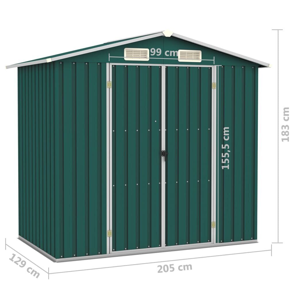 vidaXL dārza šķūnis, zaļš, 205x129x183 cm, cinkots tērauds cena un informācija | Dārza mājiņas, šķūņi, malkas nojumes | 220.lv