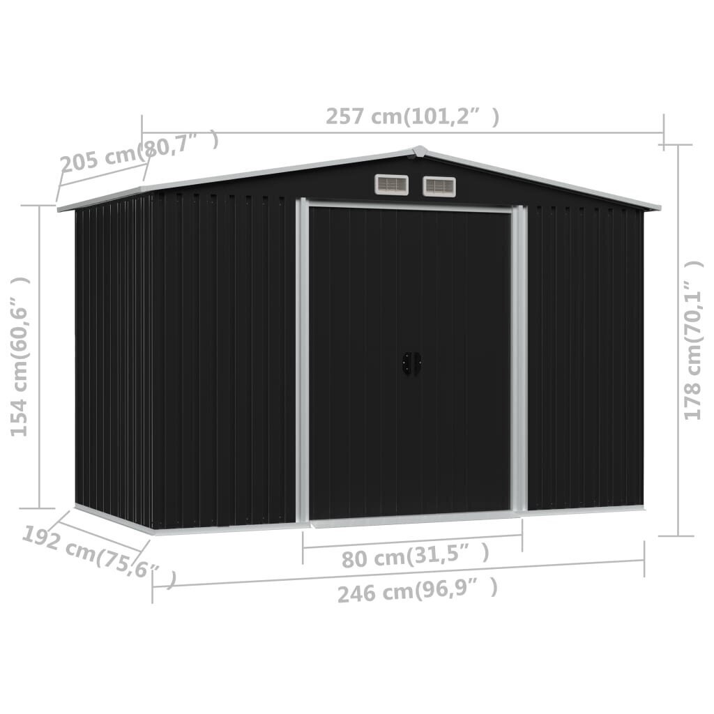 vidaXL dārza šķūnis, antracītpelēks, 257x205x178 cm, tērauds cena un informācija | Dārza mājiņas, šķūņi, malkas nojumes | 220.lv