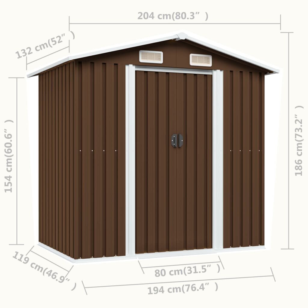 vidaXL dārza šķūnis, brūns, 204x132x186 cm, tērauds cena un informācija | Dārza mājiņas, šķūņi, malkas nojumes | 220.lv