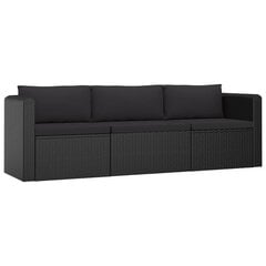 vidaXL 3-daļīgs dārza dīvāna komplekts ar matračiem, melns PE pinums цена и информация | Комплекты уличной мебели | 220.lv