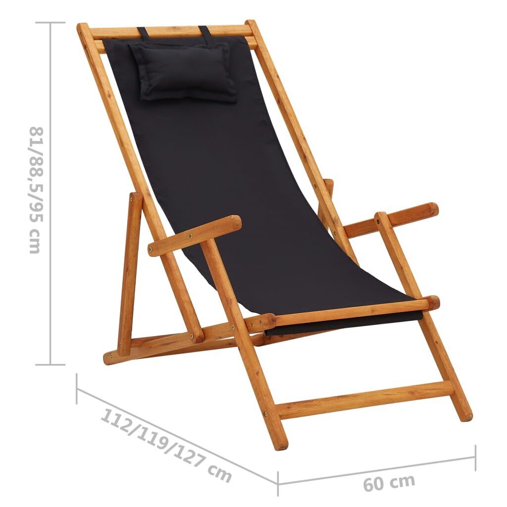 vidaXL saliekams pludmales krēsls, eikalipta masīvkoks, melns audums цена и информация | Dārza krēsli | 220.lv