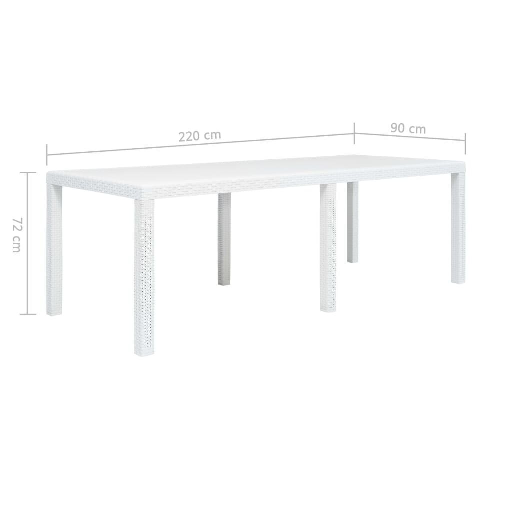 vidaXL dārza galds, balts, 220x90x72cm, plastmasa, rotangpalmas raksts cena un informācija | Dārza galdi | 220.lv