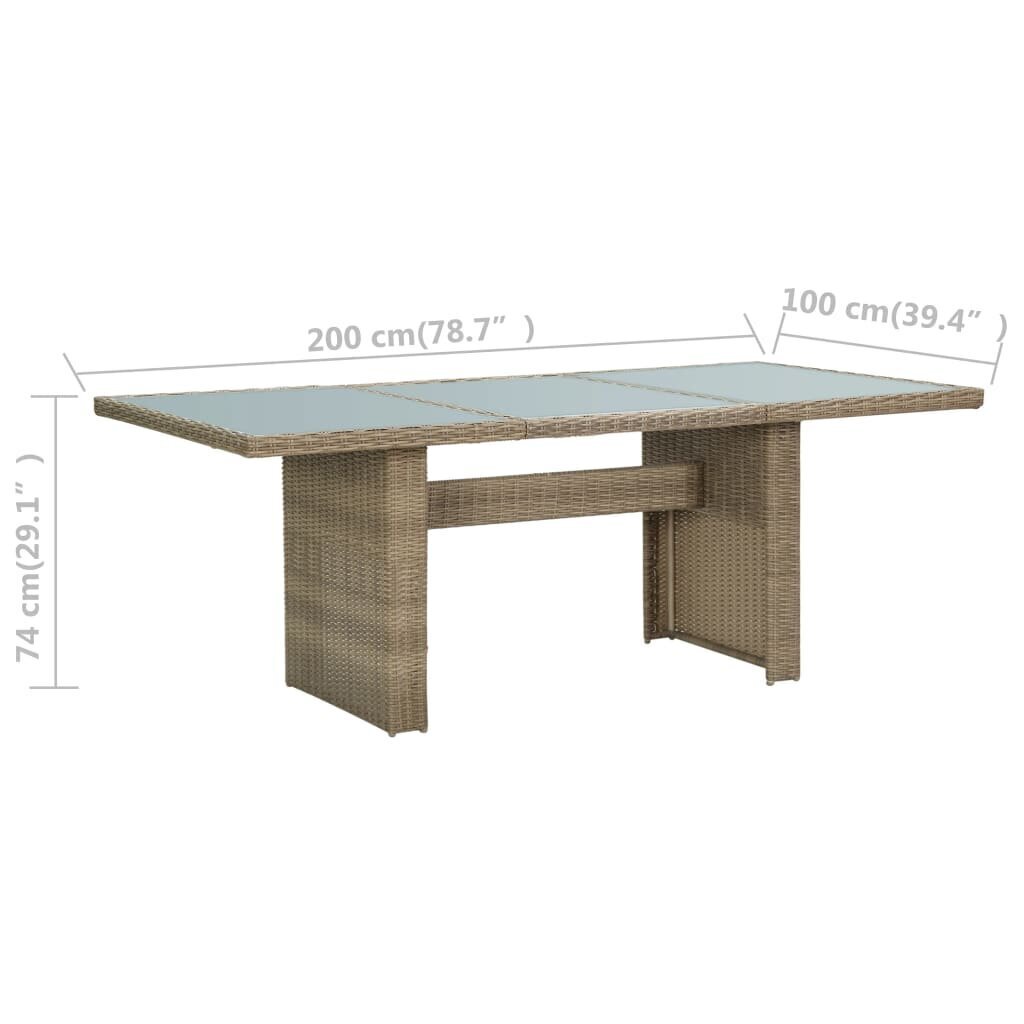 vidaXL dārza galds, 200x100x74 cm, brūns, stikls un PE rotangpalma cena un informācija | Dārza galdi | 220.lv