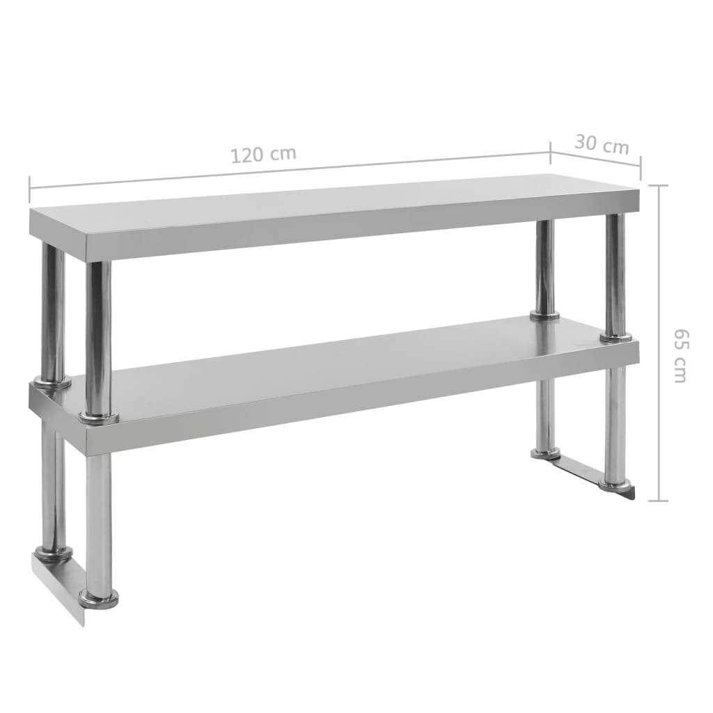 vidaXL 2-līmeņu galda virsplaukts, 120x30x65 cm, nerūsējošs tērauds cena un informācija | Virtuves furnitūra | 220.lv