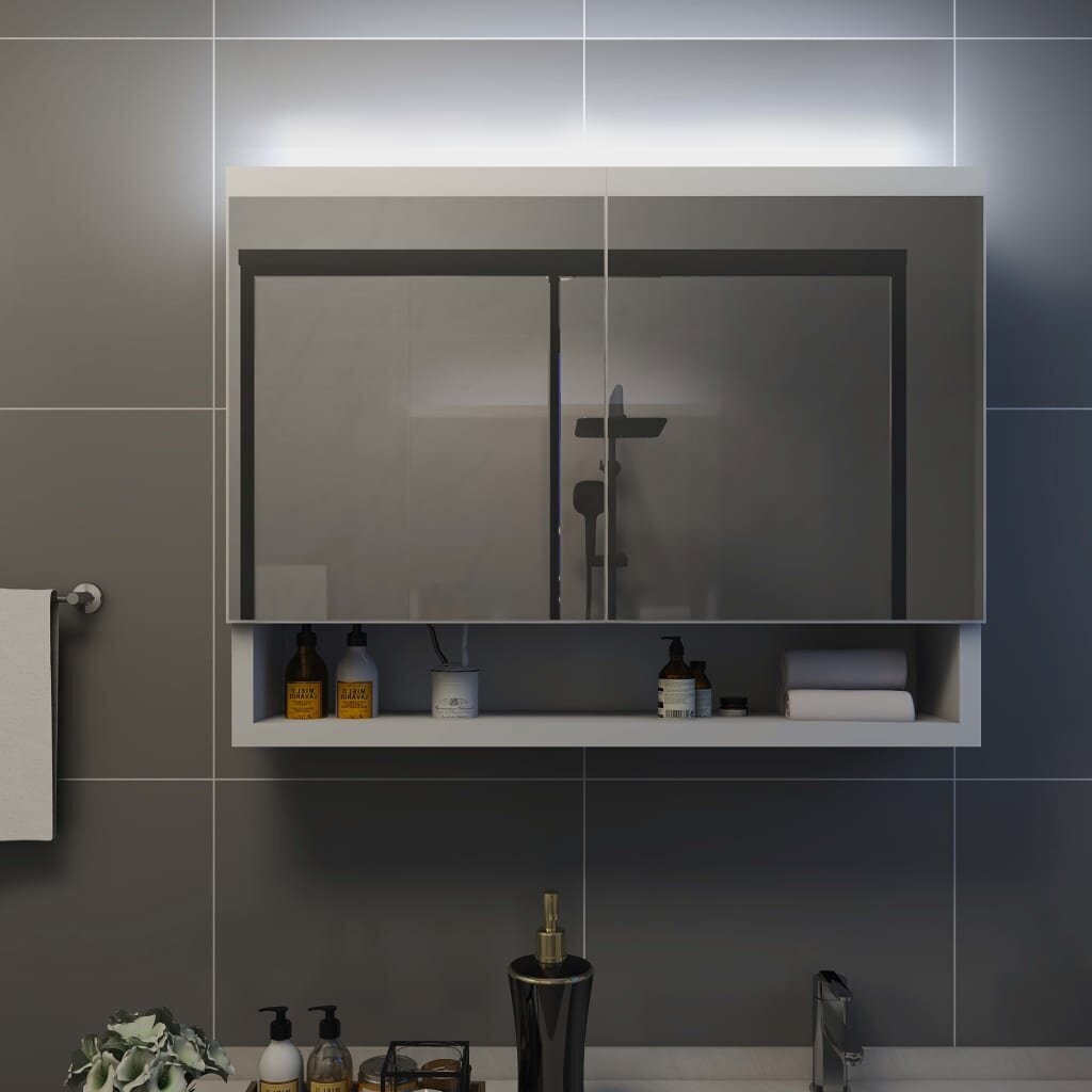 vidaXL vannasistabas skapītis ar spoguli un LED, 80x15x60cm, balts MDF cena un informācija | Vannas istabas skapīši | 220.lv