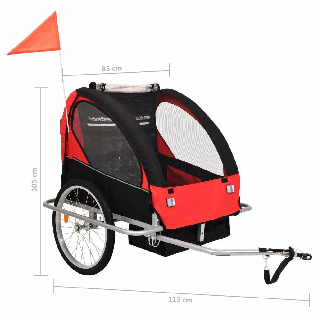 vidaXL bērnu velo piekabe, ratiņi, melna ar sarkanu цена и информация | Velosipēdu piekabes, rati | 220.lv