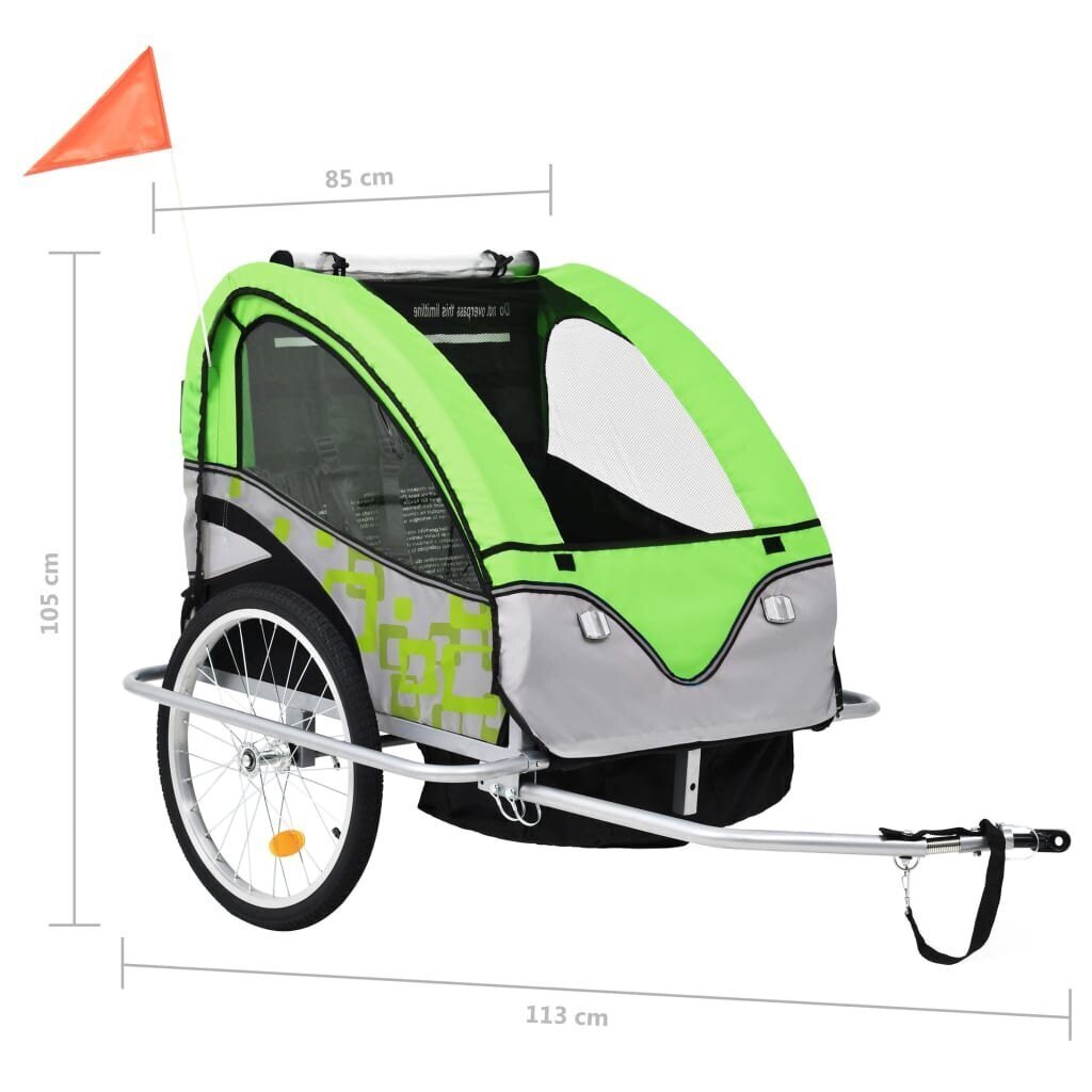 vidaXL bērnu velo piekabe, ratiņi, zaļi ar pelēku cena un informācija | Velosipēdu piekabes, rati | 220.lv